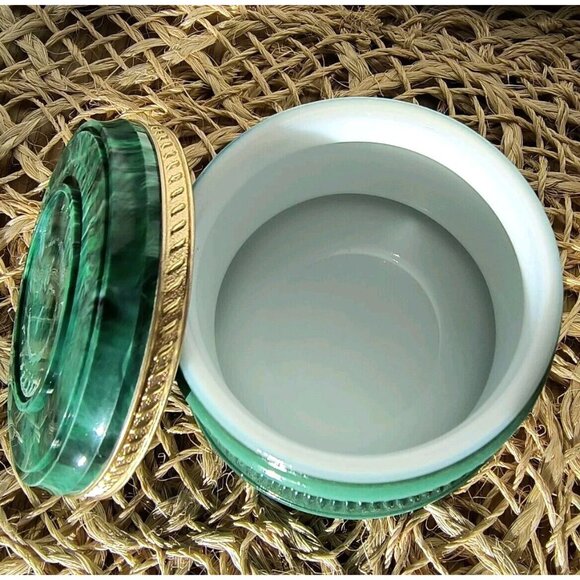 Vintage Avon Regence Milk Glass Jar, Green Glass Outside Marble Plastic Lid, EUC - Picture 5 of 8